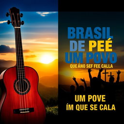 A YouTube thumbnail featuring a patriotic and emotional Brazilian theme, displaying a stunning sunset over lush green hills, with the Brazilian flag subtly blended into the sky