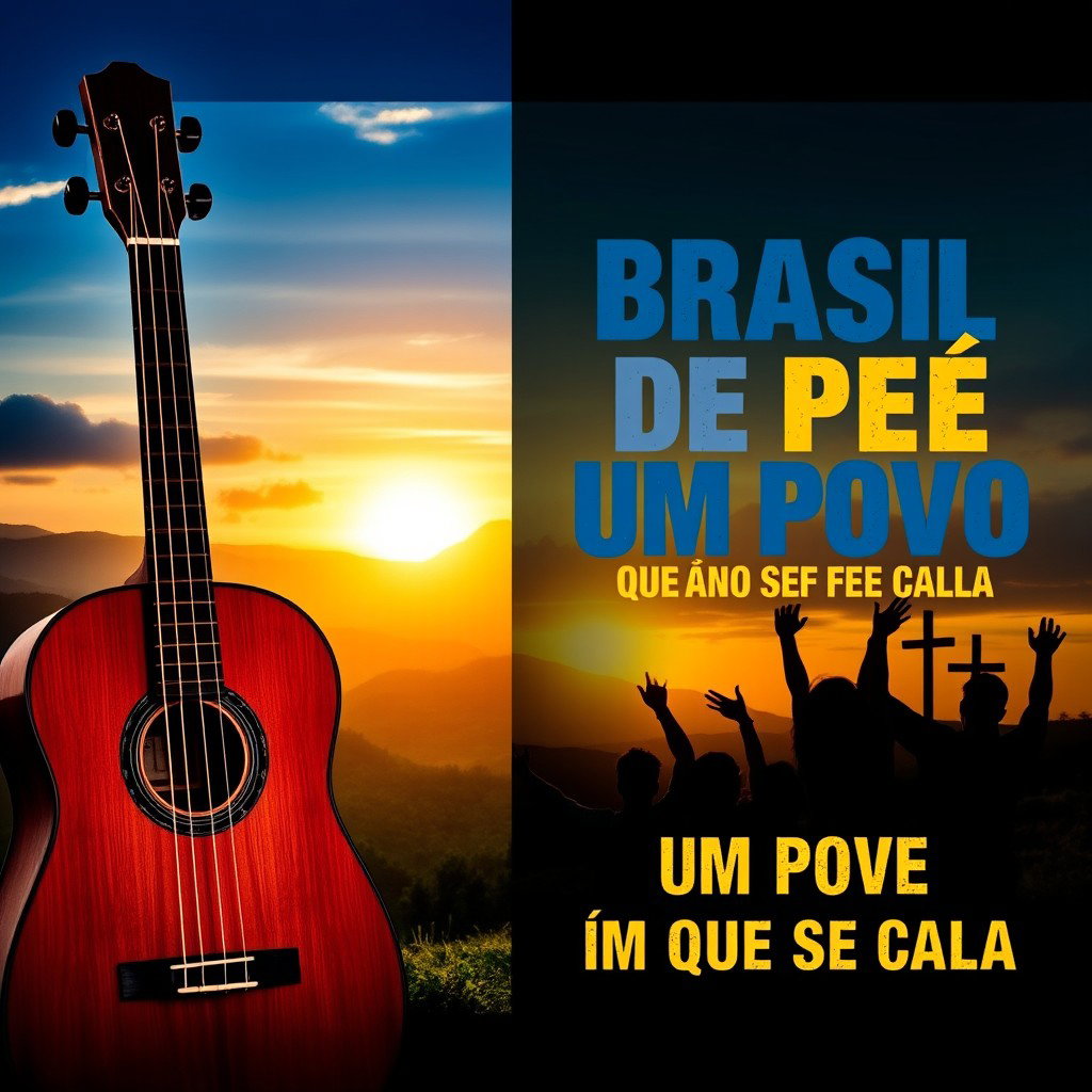 A YouTube thumbnail featuring a patriotic and emotional Brazilian theme, displaying a stunning sunset over lush green hills, with the Brazilian flag subtly blended into the sky