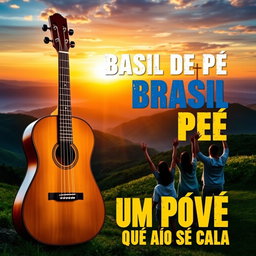 A YouTube thumbnail featuring a patriotic and emotional Brazilian theme, displaying a stunning sunset over lush green hills, with the Brazilian flag subtly blended into the sky