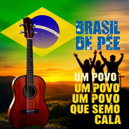 A YouTube thumbnail featuring a patriotic and emotional Brazilian theme, displaying a stunning sunset over lush green hills, with the Brazilian flag subtly blended into the sky