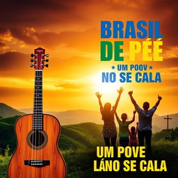 A YouTube thumbnail featuring a patriotic and emotional Brazilian theme, displaying a stunning sunset over lush green hills, with the Brazilian flag subtly blended into the sky