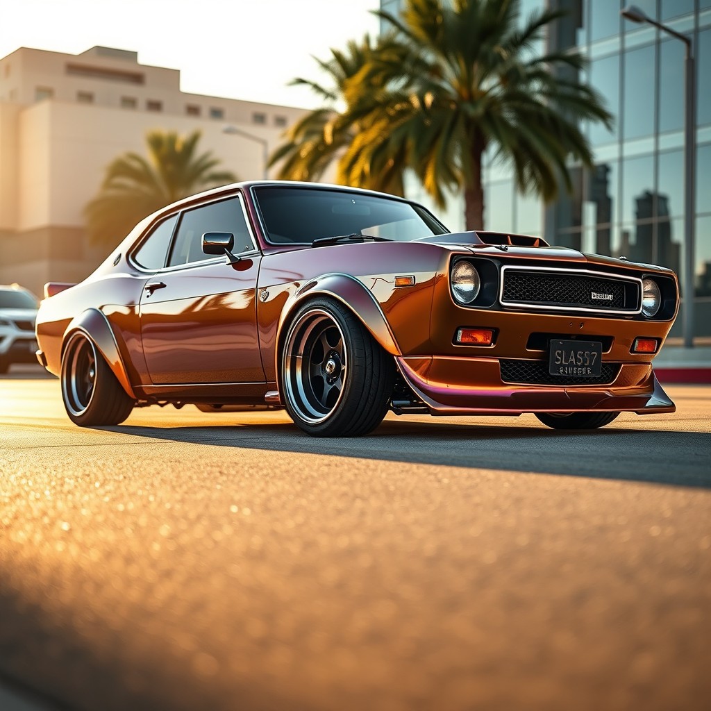 A modified Datsun car with an impressive custom suspension system, showcasing sleek lines and a vibrant color scheme