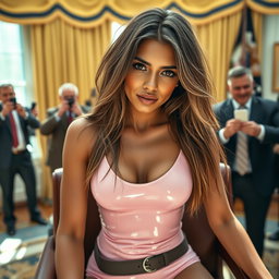 A stunning 18-year-old Arabic woman with a delicate thin and petite figure, characterized by small breasts, a tiny waist, and very wide hips