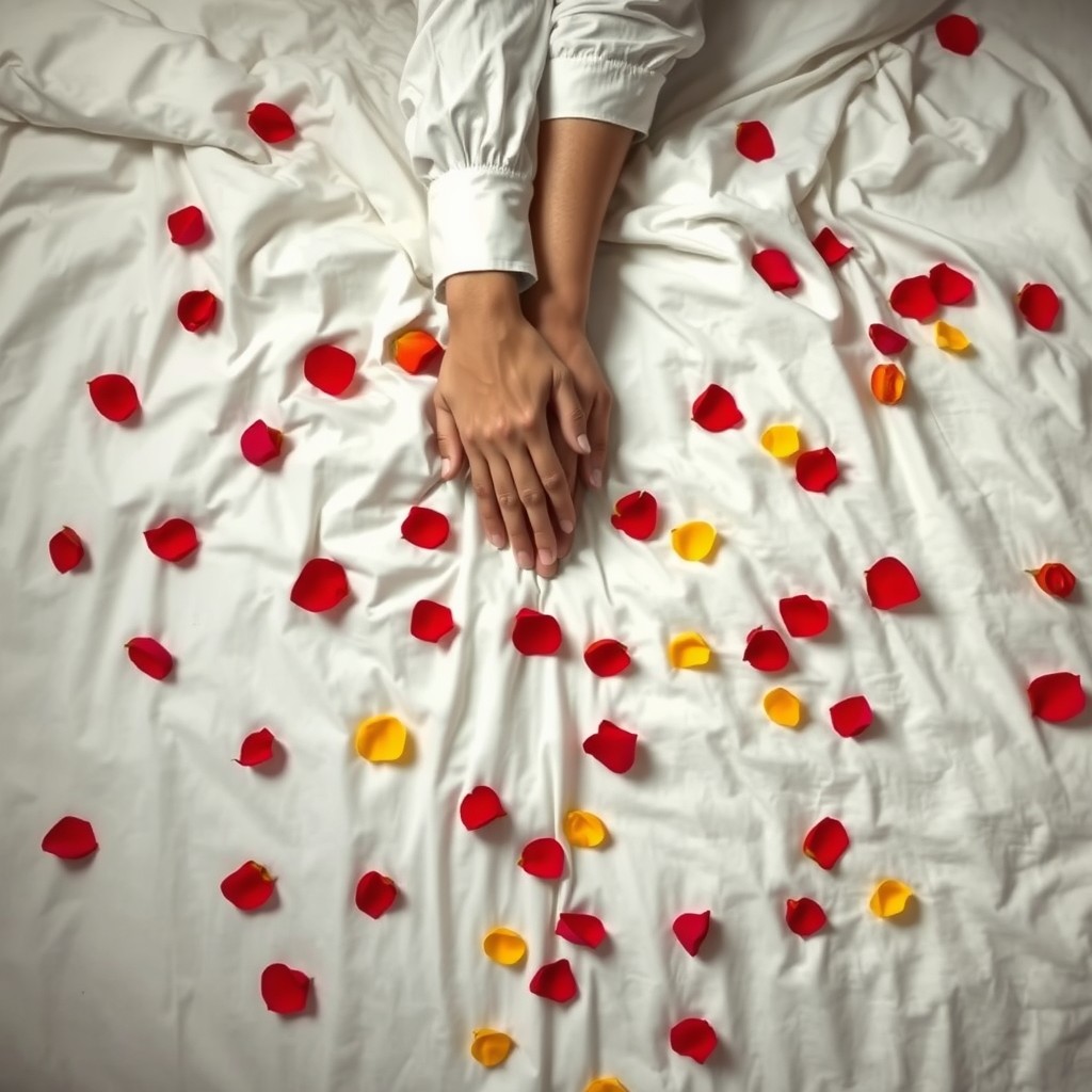 A serene and romantic image featuring a white bedsheet with a couple's hands intertwined