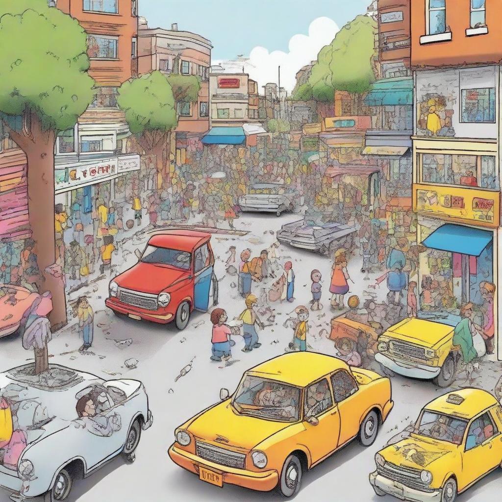 A detailed cartoon depicting a buzzing society filled with sounds. Various scenes showing people chatting, children playing, cars honking, birds chirping, to illustrate the importance and vibrancy of sound in our lives.