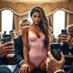 A striking 18-year-old Arabic woman, characterized by her gorgeous thin and petite physique, featuring small breasts, a tiny waist, and very wide hips