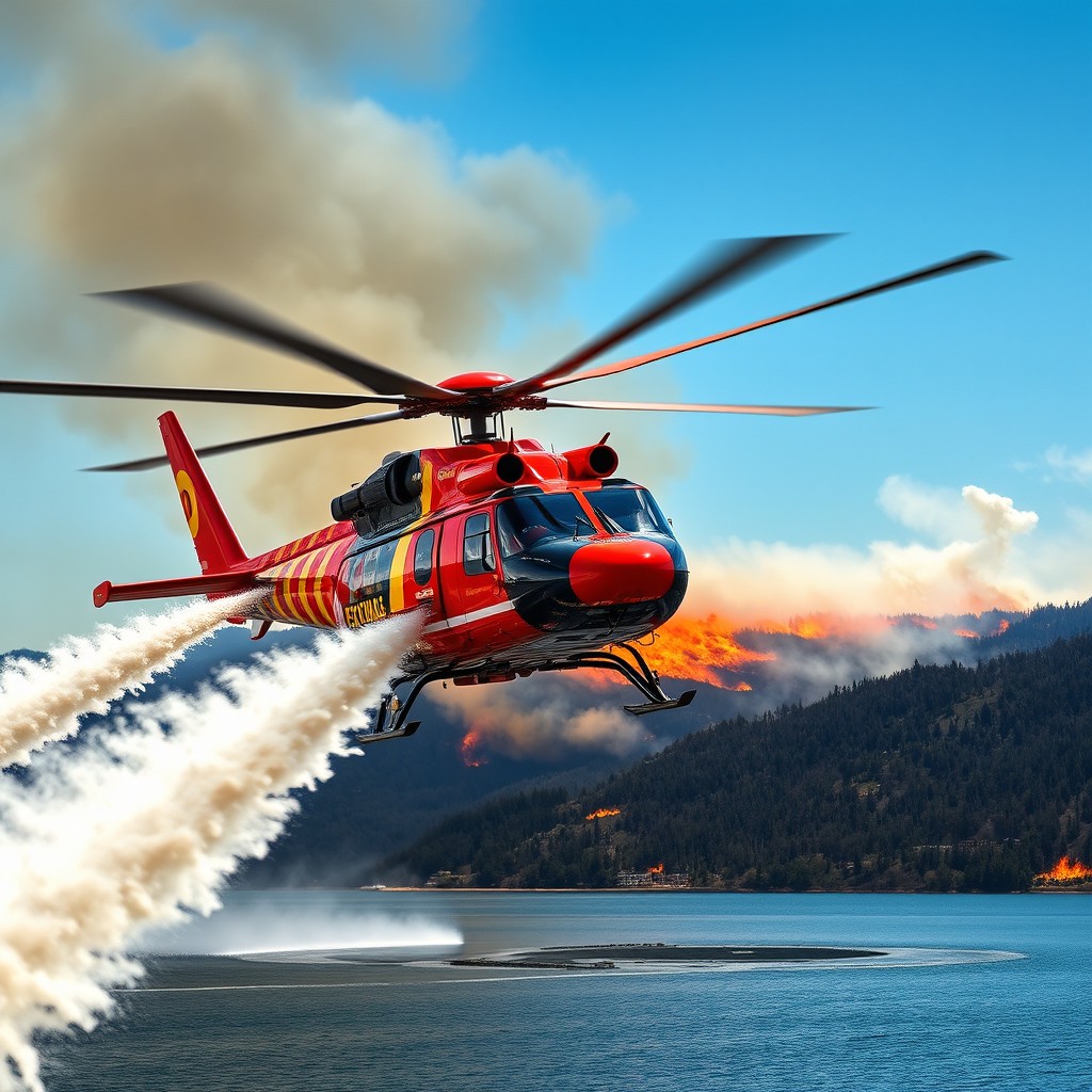 A helicopter equipped with fire hoses on each side, intensely spraying water onto a raging wildfire