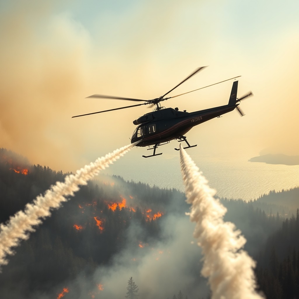 A helicopter actively battling a wildfire, equipped with a fire hose attached to each side, meticulously spraying water onto the flames below