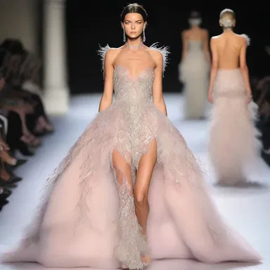 She walked down the runway wearing a splendid gown adorned with crystals and feathers, captivating everyone's attention.
