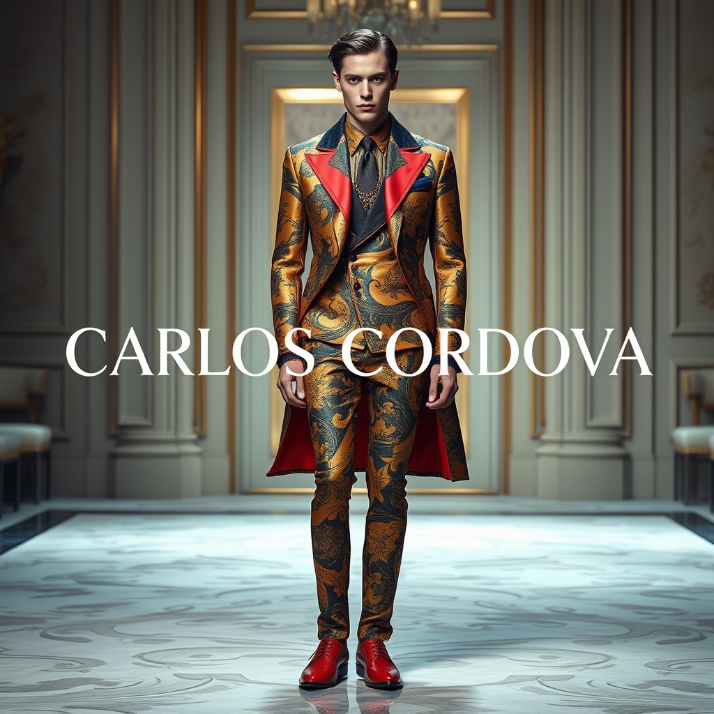 A high-fashion representation of a male model showcasing Versace haute couture for the Fall/Winter 2015 collection