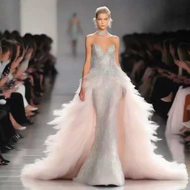 She walked down the runway wearing a splendid gown adorned with crystals and feathers, captivating everyone's attention.