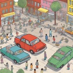 A detailed cartoon depicting a buzzing society filled with sounds. Various scenes showing people chatting, children playing, cars honking, birds chirping, to illustrate the importance and vibrancy of sound in our lives.