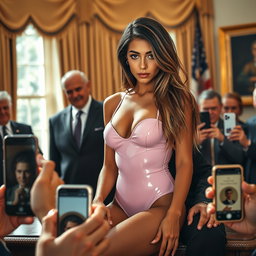 A mesmerizing 18-year-old Arabic woman with a stunningly slender and petite figure that features small breasts, a tiny waist, and very wide hips