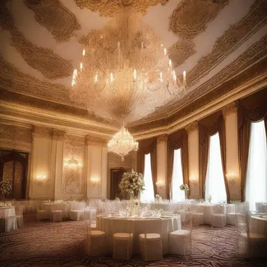 The grand ballroom was decorated with splendid chandeliers and intricate floral patterns.