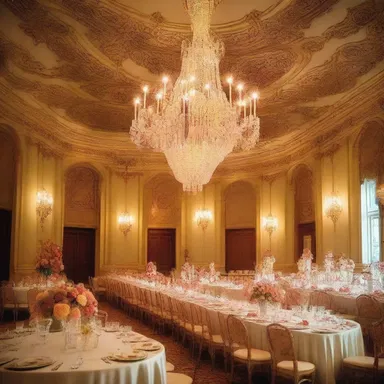 The grand ballroom was decorated with splendid chandeliers and intricate floral patterns.