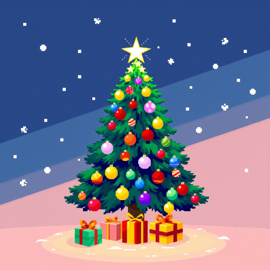 A vibrant pixel art depiction of a Christmas tree, featuring a variety of colorful ornaments, twinkling lights, and a shining star on top