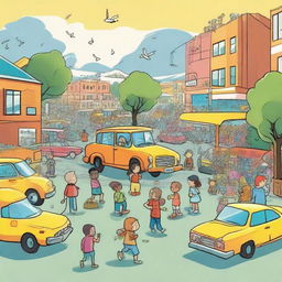 A detailed cartoon depicting a buzzing society filled with sounds. Various scenes showing people chatting, children playing, cars honking, birds chirping, to illustrate the importance and vibrancy of sound in our lives.