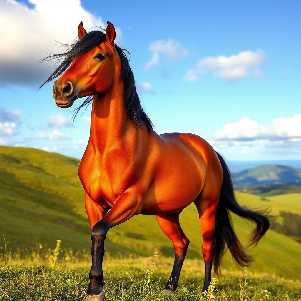 A majestic horse standing on a hillside, bathed in golden sunlight