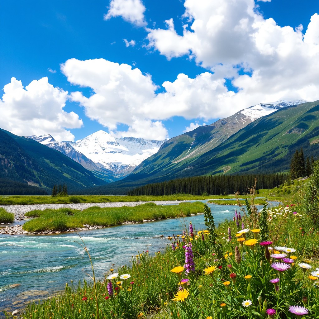 A majestic and serene mountain landscape, featuring snow-capped peaks under a blue sky filled with fluffy white clouds