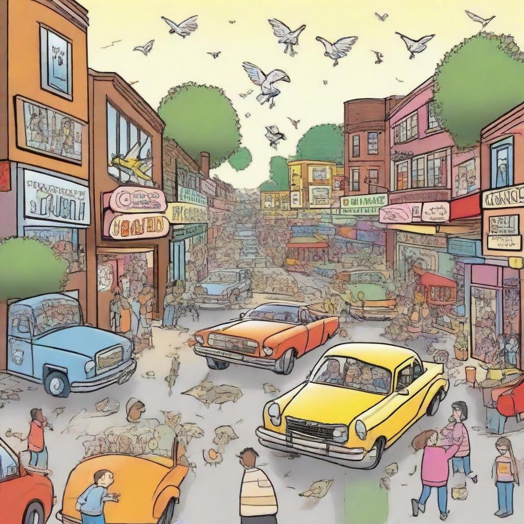 A detailed cartoon depicting a buzzing society filled with sounds. Various scenes showing people chatting, children playing, cars honking, birds chirping, to illustrate the importance and vibrancy of sound in our lives.