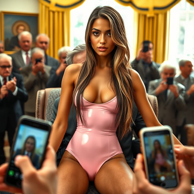 A stunning 18-year-old Arabic woman, embodying a gorgeous thin and petite form with small breasts, a tiny waist, and very wide hips