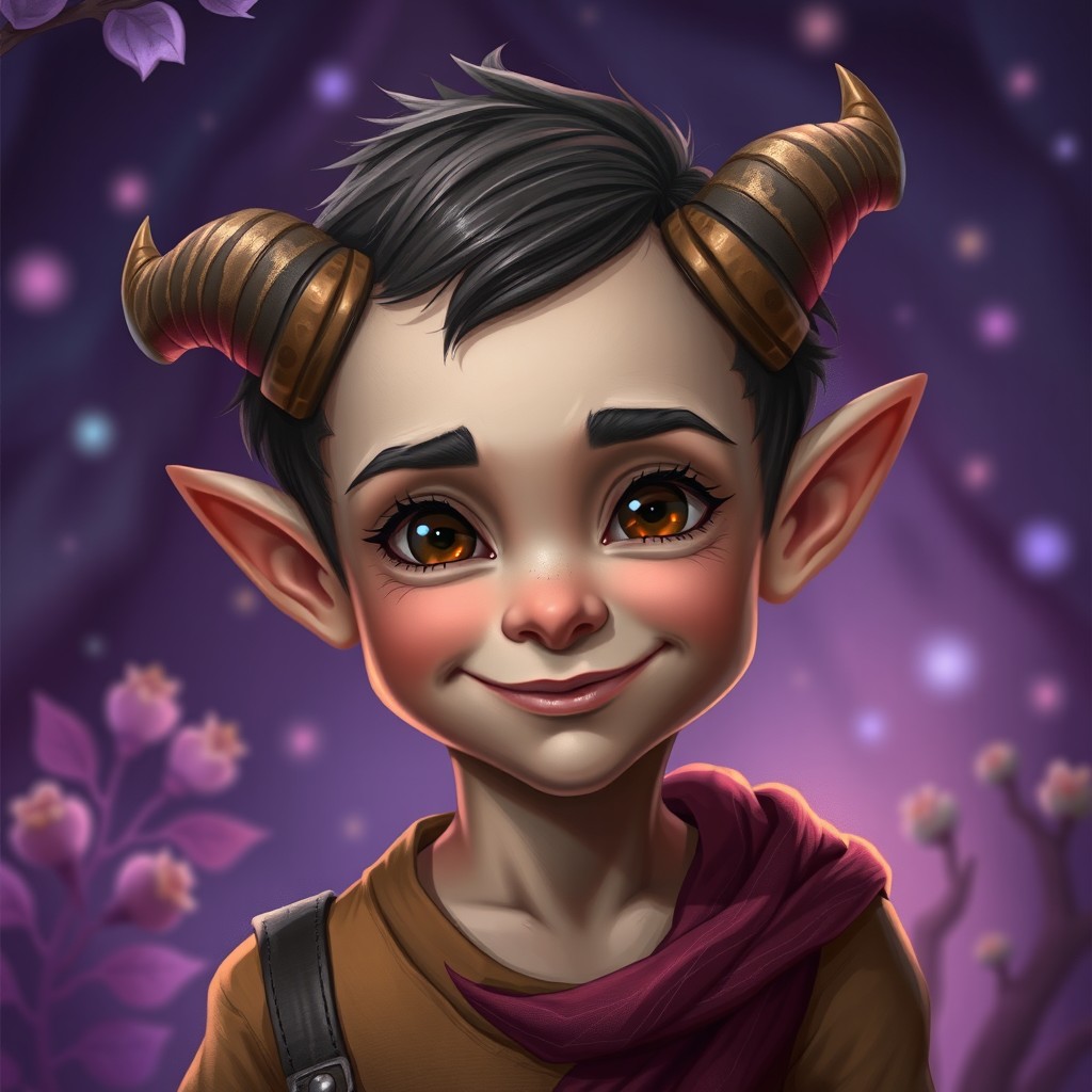 A young tiefling boy with small, cute horns, showcasing a playful expression