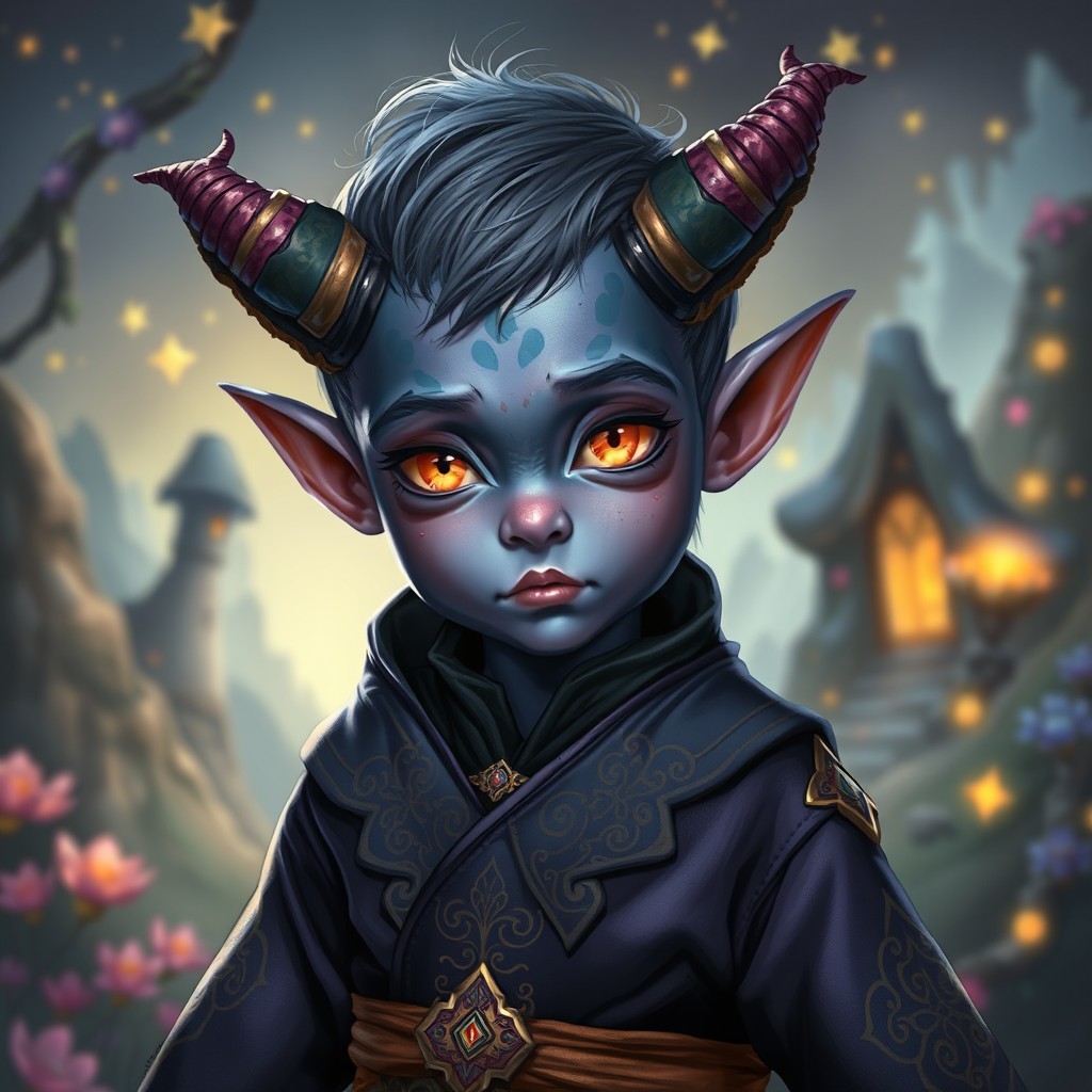 A young tiefling boy with small, cute horns, characterized by blue and purple skin tones
