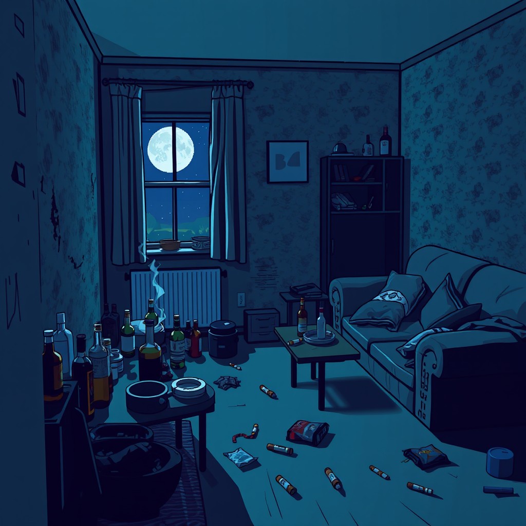 A pixel art style apartment background for a video game, capturing a melancholic atmosphere at night
