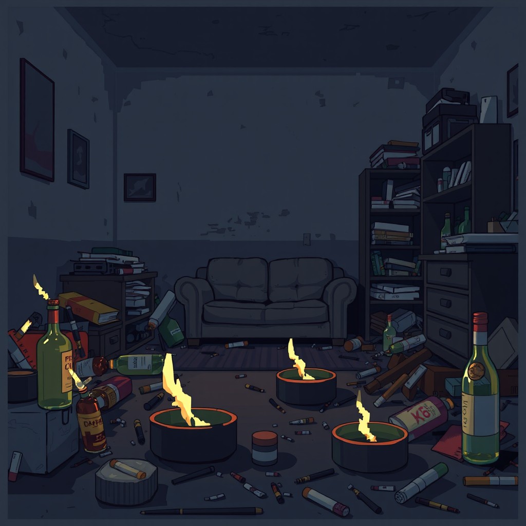 A pixel art background of an apartment for a video game, showcasing a melancholic atmosphere