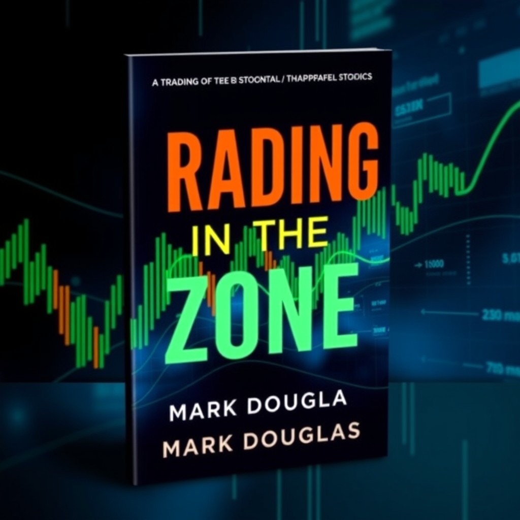 A book cover design for 'Trading in the Zone' by Mark Douglas, featuring a dynamic and abstract representation of the stock market, with bold lines and a modern aesthetic