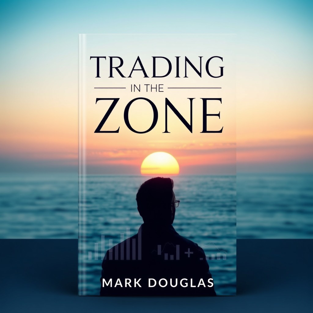 A creative book cover design for 'Trading in the Zone' by Mark Douglas, featuring a serene and introspective atmosphere