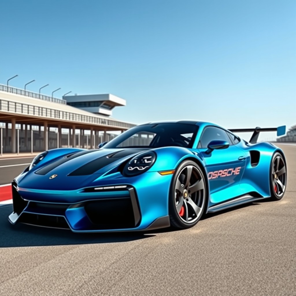 A futuristic 2032 Porsche 926 Turbo S Clubsport prototype, showcasing a sleek aerodynamic design with sharp lines and curves, a vibrant metallic paint job in a striking blue tone, complete with aggressive front grille and integrated LED headlights