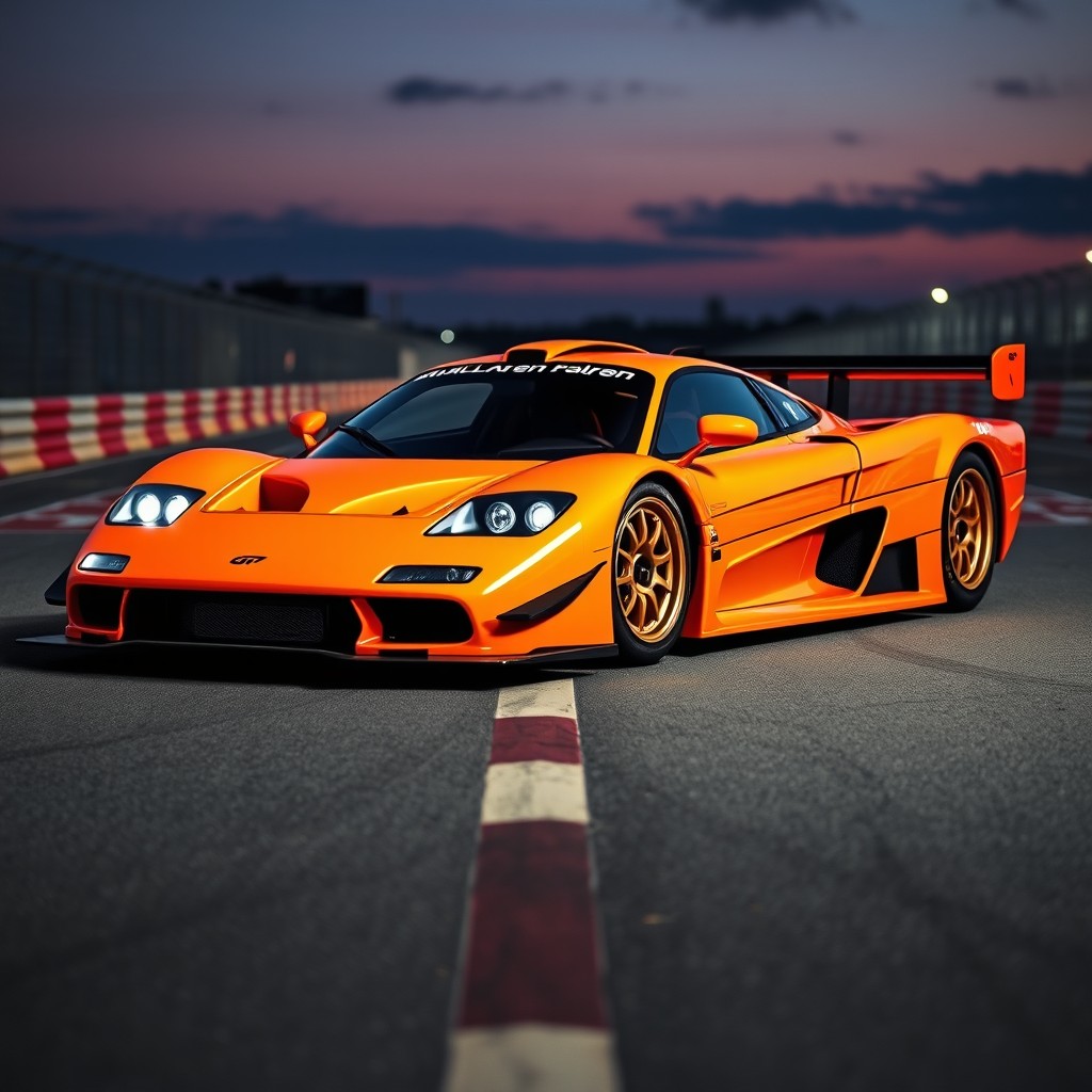 A McLaren F1 GTR featuring dramatically wider fenders, showcasing an aggressive wide body aerodynamic kit designed for extreme track performance