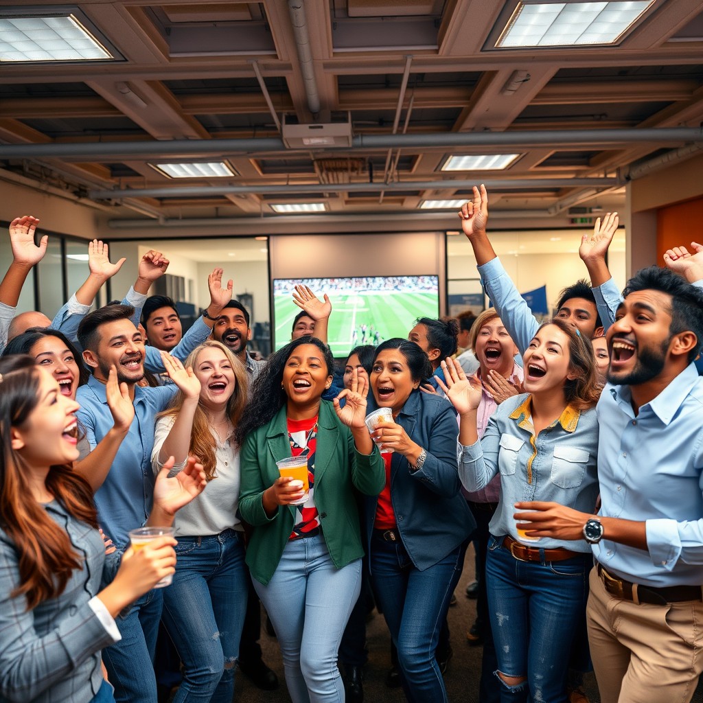 A lively office scene filled with employees cheering and enjoying a sports match
