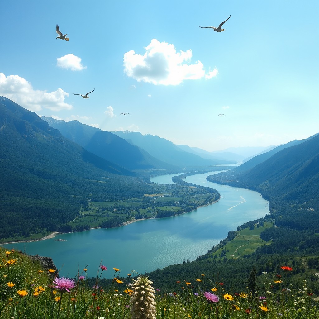 A long and winding river flowing through a lush, green valley surrounded by majestic mountains