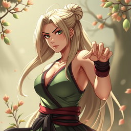 A stylized artistic representation of Tsunade, depicted with an emphasis on strength and beauty