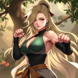 A stylized artistic representation of Tsunade, depicted with an emphasis on strength and beauty