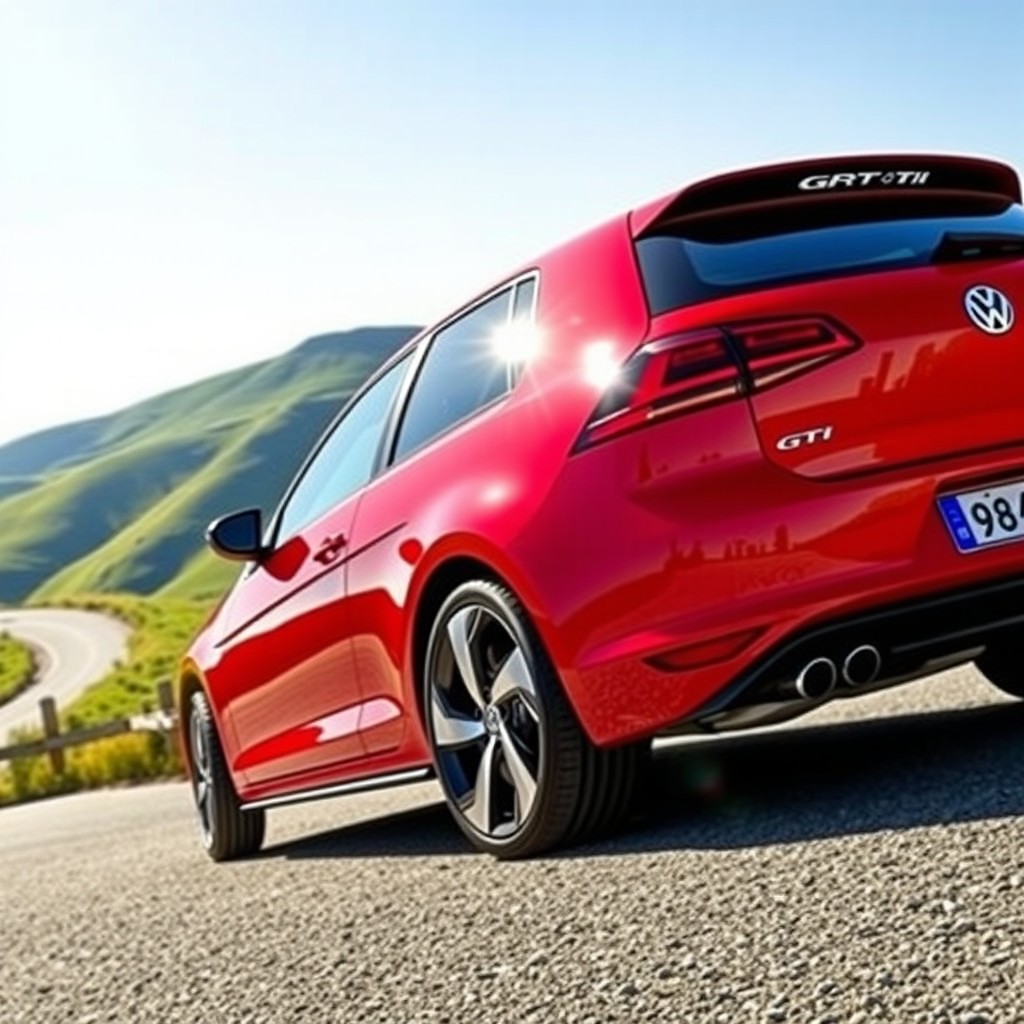 A striking and dynamic image of a Volkswagen Golf GTI in a vibrant red color, showcased in a picturesque landscape
