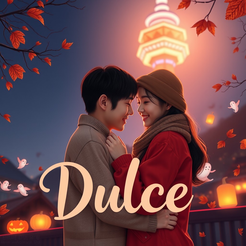 A photo-realistic, ultra-detailed, 8k resolution book cover for a romantic Halloween-themed story titled "Dulce"