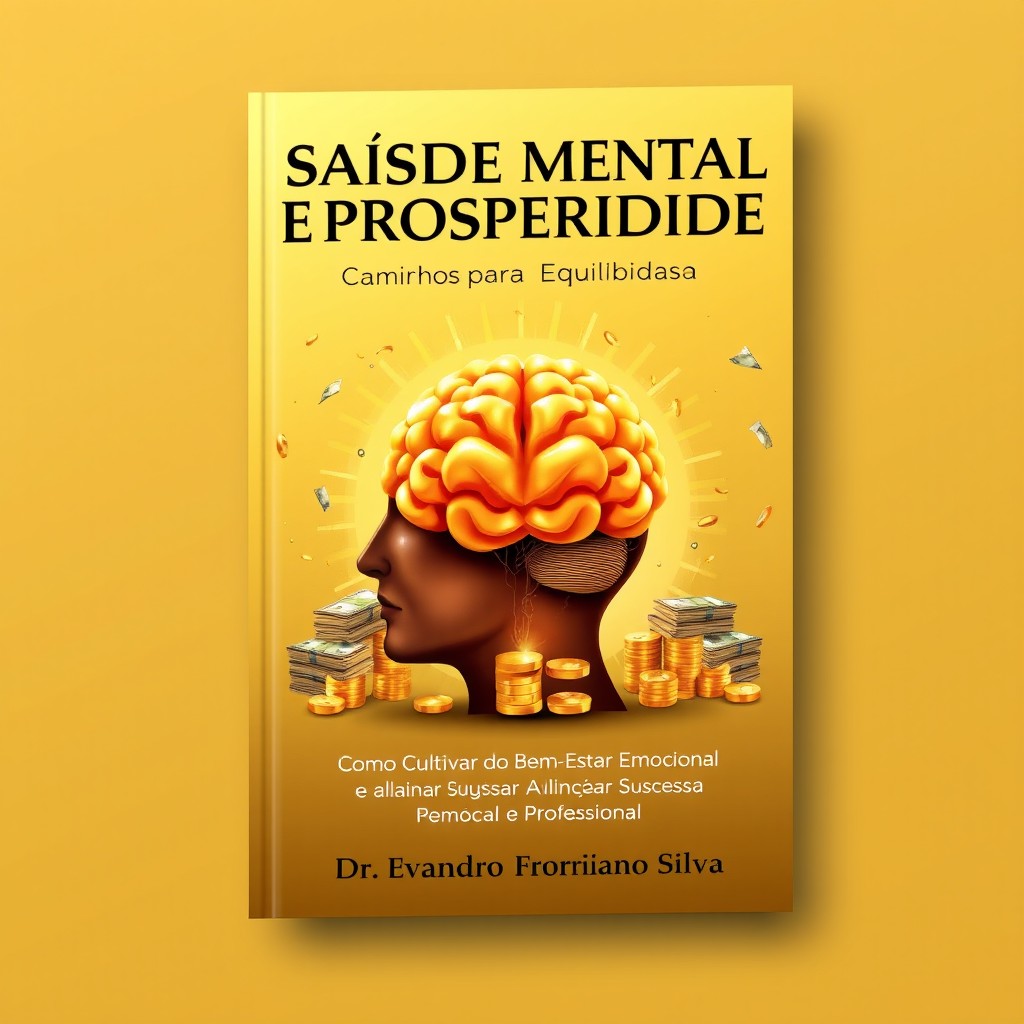 A striking book cover design for the book titled 'Saúde Mental e Prosperidade - Caminhos para Equilíbrio', featuring a visually captivating illustration of a large head with a beautifully detailed, glowing golden brain at the center