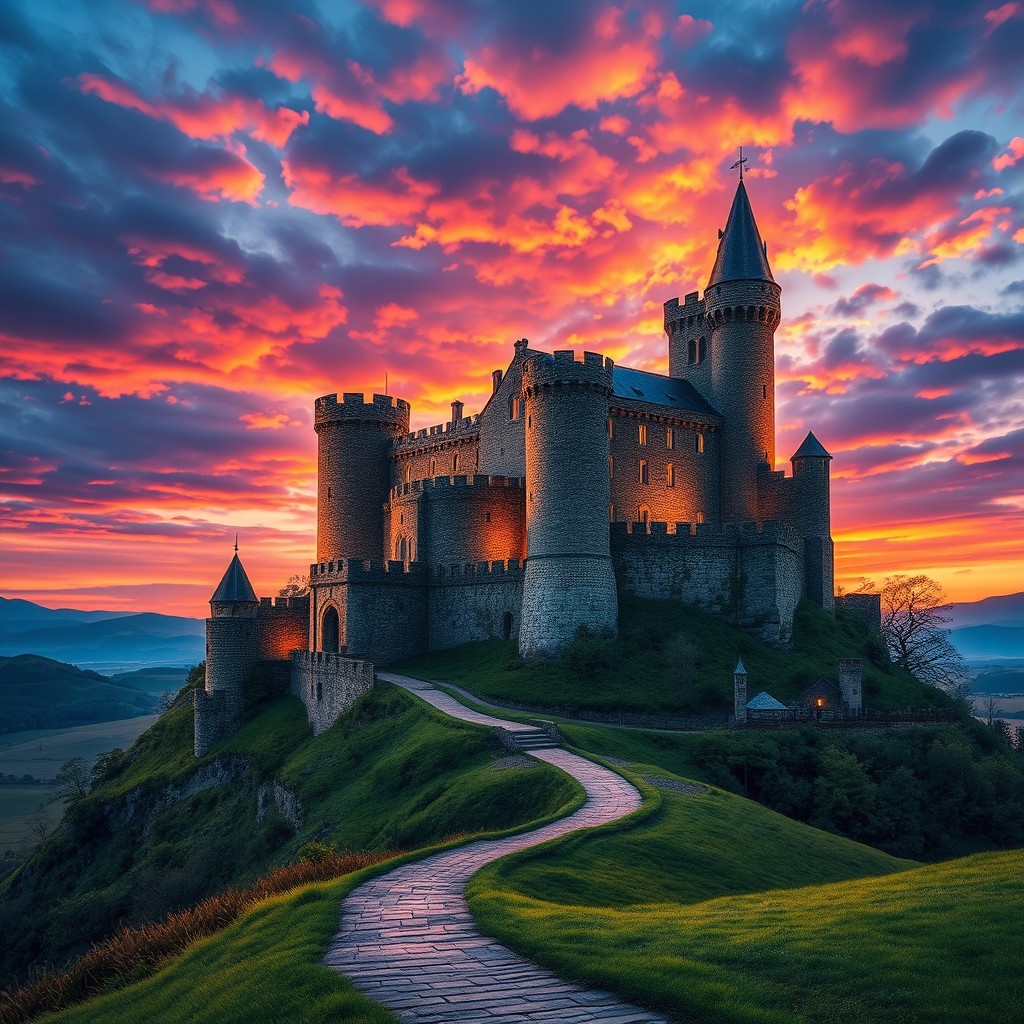 A stunning medieval castle perched atop a hill against a colorful sunset sky, glowing hues of orange, pink, and purple reflecting off its stone walls