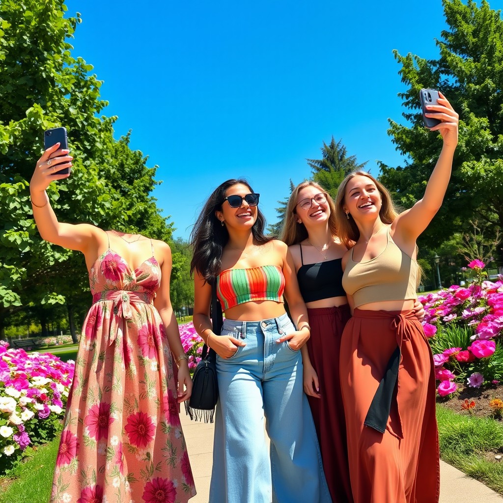 A vibrant and lively scene featuring three fashionable young women enjoying a sunny day outdoors