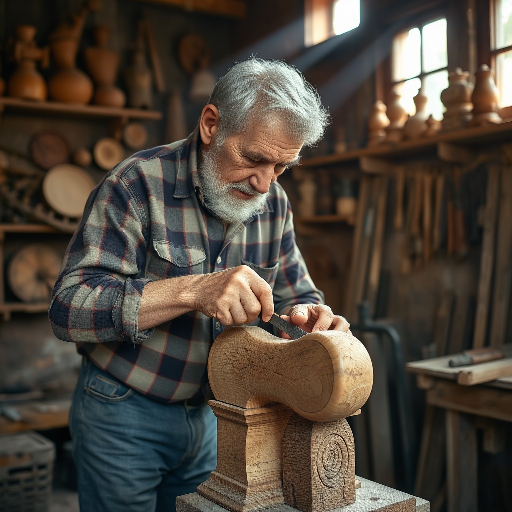 An elderly carpenter, with silver hair and a weathered face, is meticulously working in his rustic workshop