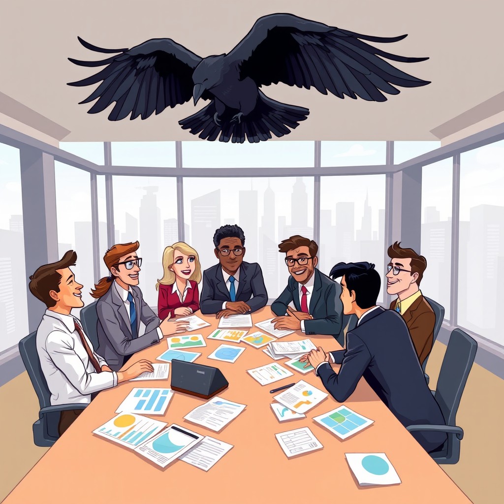 A cartoon-style illustration depicting a diverse team of executives gathered around a conference table in a modern office setting