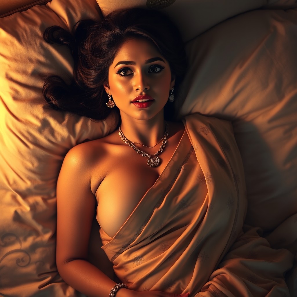 A beautiful Telugu woman lying in bed, adorned in a revealing and sultry saree that accentuates her curves