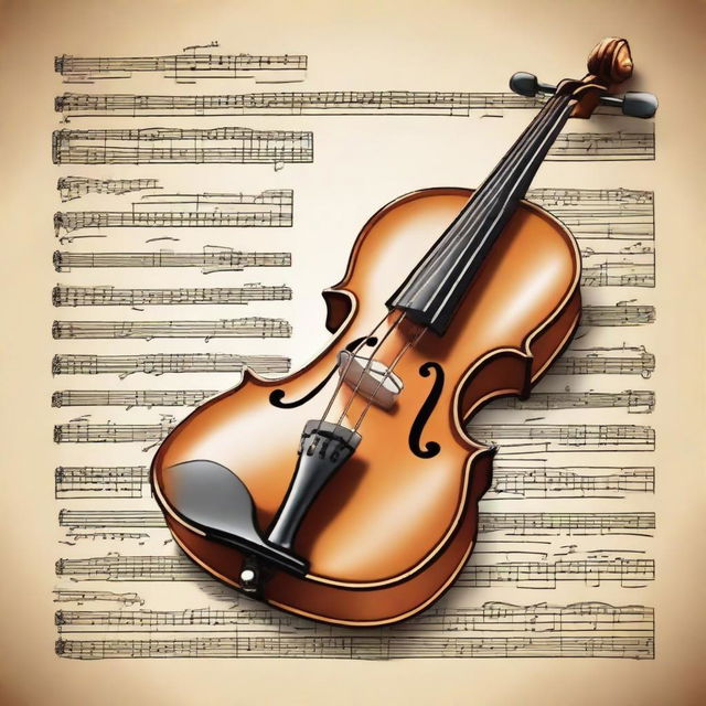 Assuming 'volune' was a typographical error, a cartoon drawing of a 'violin'. A beautifully detailed illustration of a shiny wooden violin with its fine strings, rosin dust surrounding it as the bow pulls across.