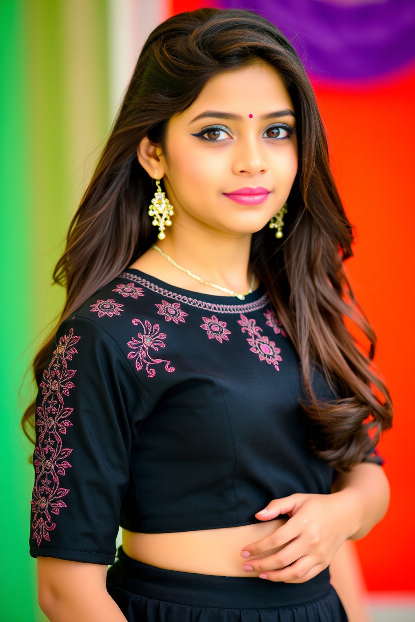 A beautiful Indian girl wearing a stylish black blouse, showcasing intricate embroidery and a modern design