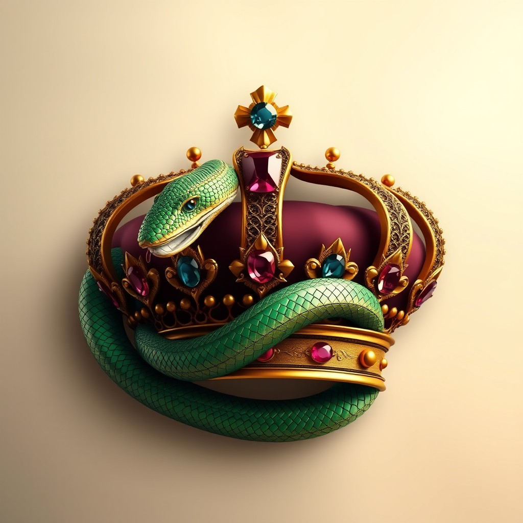 A majestic symbol of a coiled serpent elegantly wrapped around a regal crown, the serpent's scales glistening in shades of emerald green and gold, showcasing intricate details