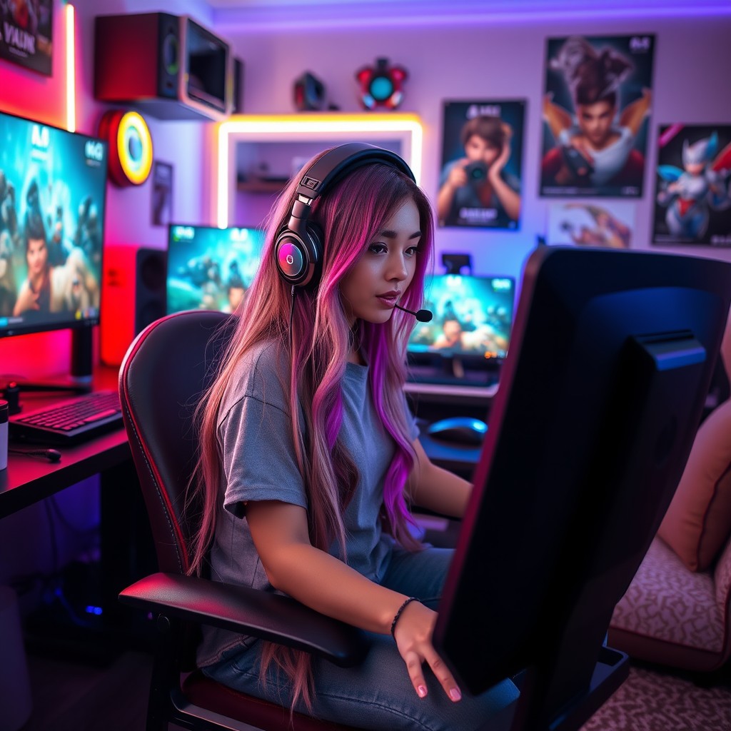 A female streamer sitting at a computer immersed in gaming