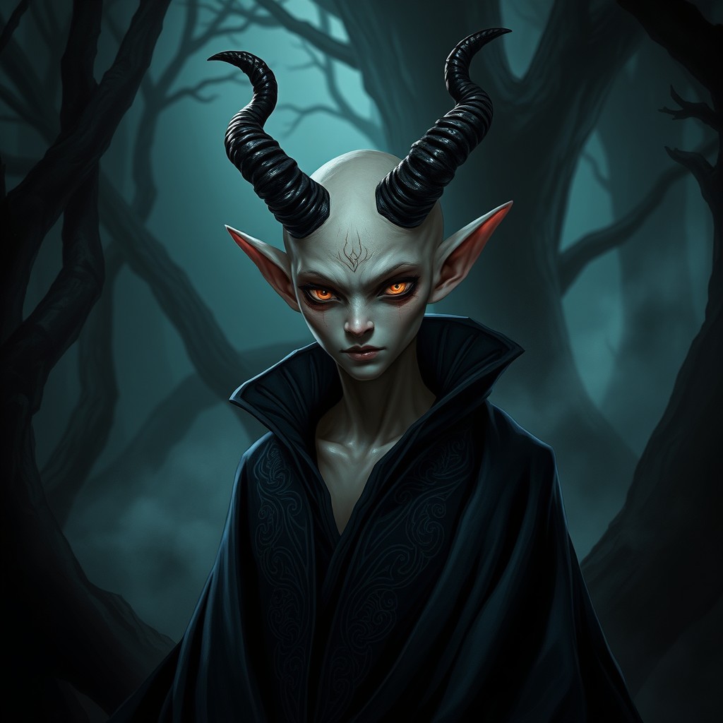 A Tifling character depicted without hair, featuring two long, curved black horns protruding from their forehead